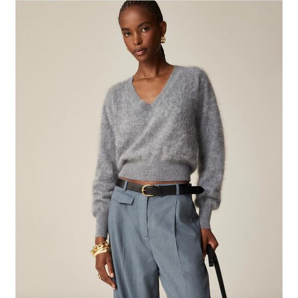 J.Crew Brushed Cashmere Cropped V Neck Sweater Heather Dark Grey Relaxed Large - Picture 1 of 13